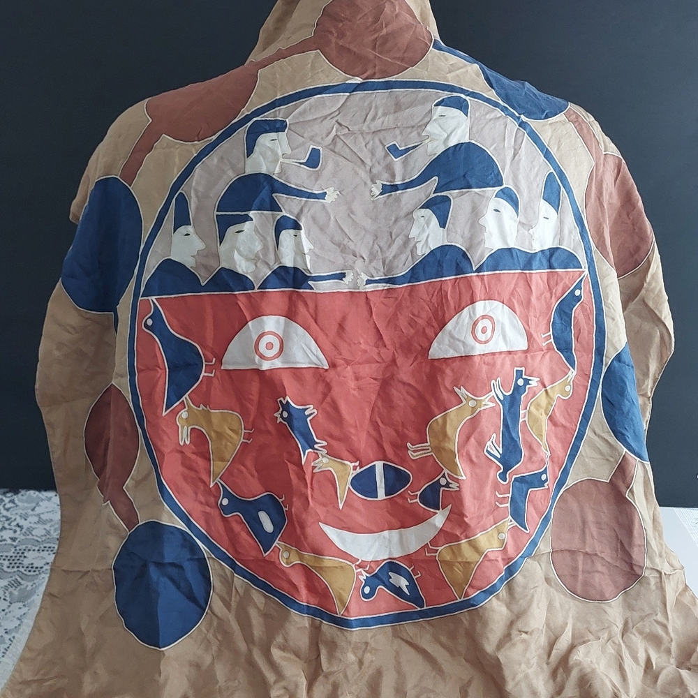 Vintage Inuit Hand Painted Silk Scarf, Canadian Native Indigenous Wall Art